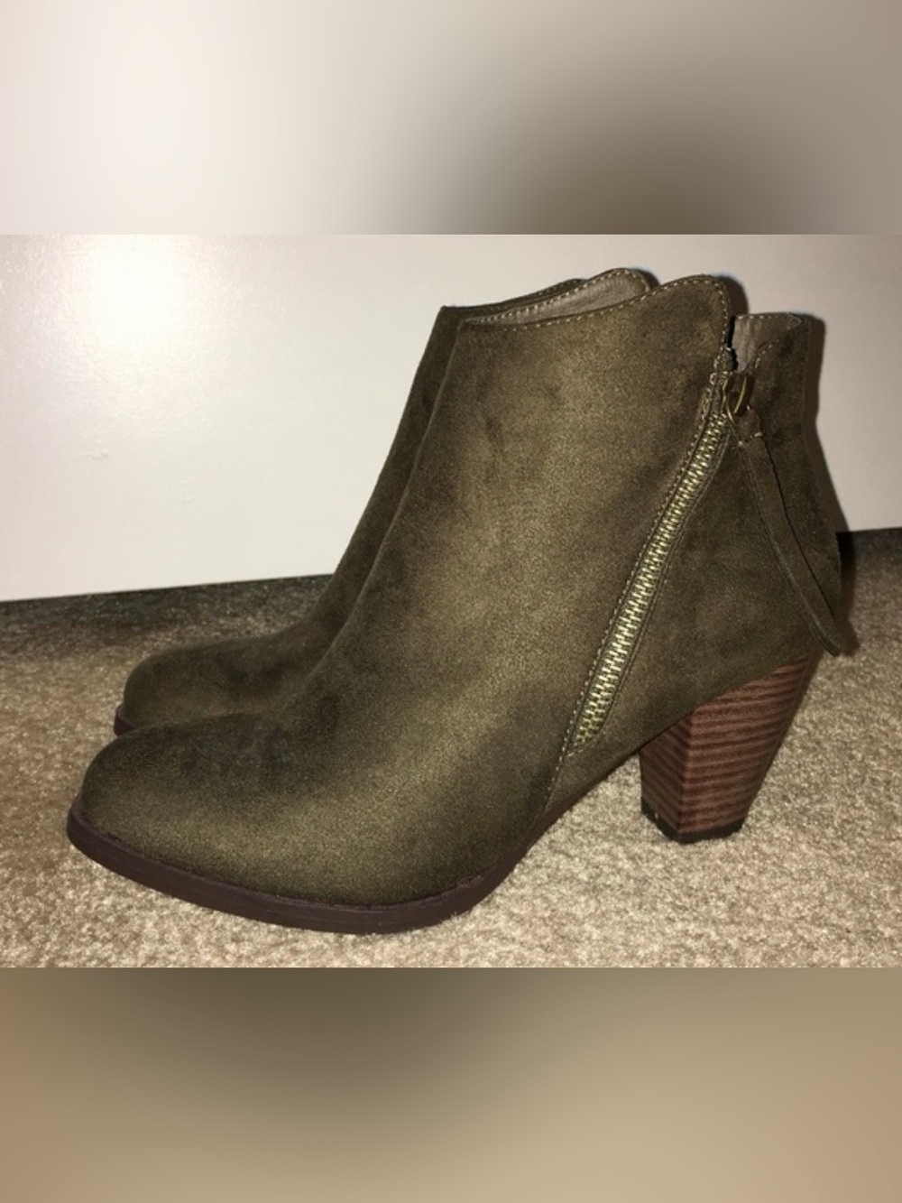 JustFab Olive Suede Stacked Heel Ankle Booties with Side Zip